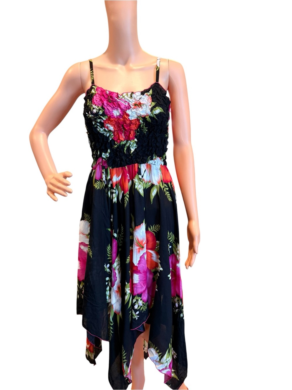 Sacred Threads Black Floral Asymmetrical Smocked Midi Dress Fuchsia Red Medium
